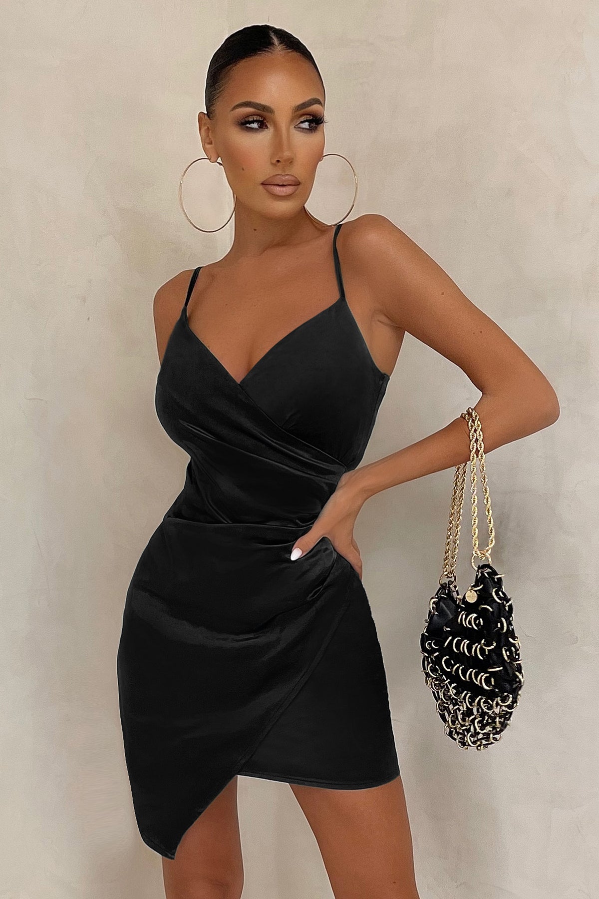 Tell Me Black Wrap Detail Satin Mini ...